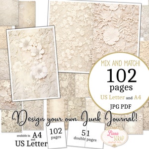 Junk Journal - Vintage Lace - Formato US Letter e A4, Mescola e abbina pagine, Vintage White Beige Lace Digital Junk Journal Paper PDF e JPG