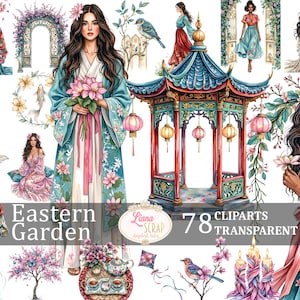 May include: Digital clipart set titled "Eastern Garden" featuring watercolor illustrations of Asian-inspired women, pagodas, koi fish, cherry blossoms, and lanterns. The set includes 78 transparent PNG images, perfect for digital art projects.