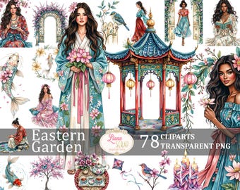 Watercolor Eastern Garden Clipart – Floral PNG Illustrations (Digital Download)