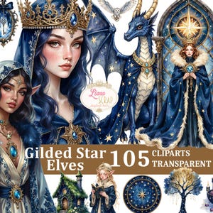 May include: Digital art featuring fantasy characters and elements. The image includes illustrations of elves, a dragon, and a woman in a crown. The color palette is dominated by blues, golds, and whites, with star and celestial motifs. Text reads "Gilded Star Elves 105 Cliparts Transparent PNG."