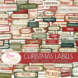 Vintage kerstlabels, kerstwoorden en -sentimenten, uitsparingen voor digitale junkdagboeken, digitale woordstickers voor junkjournals, kieskeurige uitjes