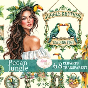 Pecan Jungle 68 Clipart Set - Tropical Leaves, Toucans, Boho People - Digital Planners, Scrapbooking, Transparent PNG, Commercial Use