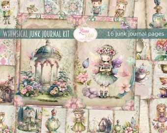 Whimsical Junk Journal Kit, Fairy Collage Printables, Digital Floral Kit, Fairy Junk Journal Paper