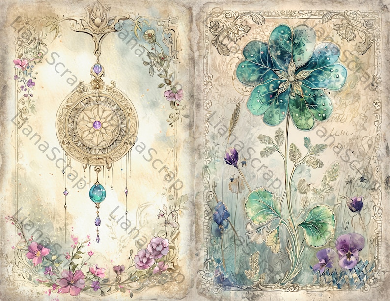 May include: A vintage-style illustration of a decorative, ornate, gold pendant with a blue gemstone. The pendant is surrounded by a floral border with pink flowers. The background is a textured, beige paper.