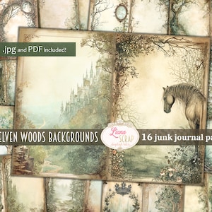 Elven Woods achtergronden, digitale junk Journal Kit, Fantasy Elf Forest collage afdrukbaar, bos, bosdieren junk journal papier