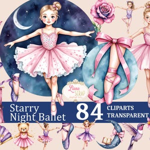 Starry Night Ballet 84 Clipart Set - Watercolor Ballerina, Animals, Stars - Digital Planner Stickers, Transparent PNG, Scrapbooking, Design