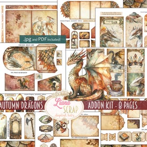 Kit adicional para diario basura de dragones otoñales, imprimibles de collage de fantasía, kit de fantasía, papel efímero para diario basura de dragones, recortes delicados