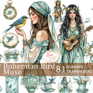 Boho Bird Muse 81 clipartset, aquarel vogels, boho digitale plannerstickers, transparante png, bloemenillustraties, digitale kunst