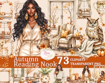 May include: Digital clipart set titled "Autumn Reading Nook" featuring illustrations of an owl, pumpkins, cozy reading spaces, and a woman. The set includes 73 transparent PNG images in warm autumn colors.