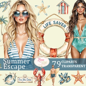 Summer Escape 79 Aquarell Clipart Bundle - Strand Grafiken, transparente PNG, digitale Planer Aufkleber, Sommer Illustrationen
