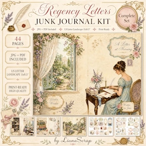 Può includere: Un kit per junk journal Regency Letters con 44 pagine in formato US Letter Landscape 27,9x21,6 cm. Il kit include file JPG e PDF con illustrazioni di una persona che scrive a una scrivania, una finestra sul giardino e motivi floreali.