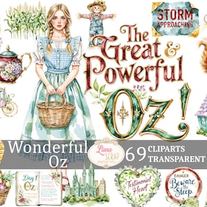 Clipart merveilleux Oz, 69 Images PNG transparents planificateur numérique autocollants éléments de scrapbooking Le magicien d'Oz graphiques, livre d'histoires, conte de fées