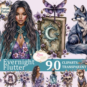 Ensemble de 90 cliparts scintillement de tous les soirs - art numérique sorcière, PNG floral, autocollants pour agenda, illustrations mystiques, images transparentes