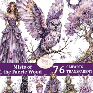 Puede incluir: Ilustraciones en acuarela con temática de hadas. La imagen incluye un hada con un vestido morado, un búho, un árbol y otros elementos de fantasía. También está presente el texto "Mists of the Faerie Wood" y "76 Cliparts Transparent PNG".