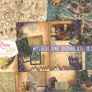 Kit digital de diario basura místico imprimible, hojas de collage de magia y brujas, diario basura digital, papel de diario basura
