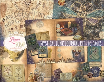 May include: A digital junk journal kit with 16 pages featuring a mystical theme. The kit includes images of candles, books, tarot cards, and other occult symbols. The text "MYSTICAL JUNK JOURNAL KIT - 16 PAGES" is printed on the image.