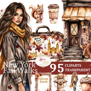 Può includere: Illustrazioni ad acquerello a tema New York, tra cui una donna con cappotto e sciarpa, uno scoiattolo, una tazza di caffè e una valigia. Il testo include "New York Fall Walks" e "95 Cliparts Transparent PNG".