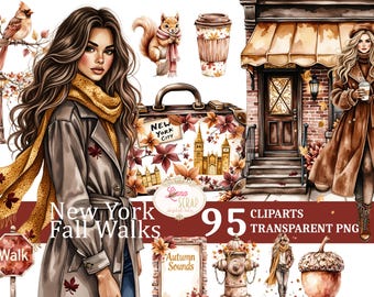 Może przedstawiać: Ilustracje akwarelowe z motywem Nowego Jorku, w tym kobieta w płaszczu i szaliku, wiewiórka, filiżanka kawy i walizka. Tekst zawiera "New York Fall Walks" i "95 Cliparts Transparent PNG".