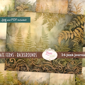 Fond de journal numérique fougères d'automne, collage de fougères d'automne imprimable, journal numérique de fougères, papier journal nature, fond d'automne