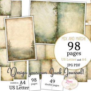 Junk Journal - Lege Journal Green Leaves - US Letter en A4-formaat, Mix en Match, Achtergrond Lege Digitale Junk Journal Papier PDF en JPG