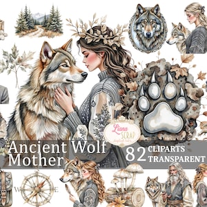 Ancien loup mère 82 Images Clipart PNG Transparent Art numérique planificateur autocollants forêt fée graphiques, médiéval esprit animal fantastique