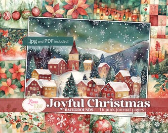 May include: A digital collage of 16 Christmas themed digital papers. The papers feature a snowy village scene, red poinsettias, snowflakes, and ornaments. The text "Joyful Christmas" and "16 junk journal pages" is included in the image.
