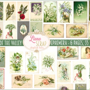 Stampabili vintage di Lilly of the Valley Ephemera, cartoline primaverili e pasquali Fogli di collage digitali, Ephemera primaverile, carta per diario spazzatura