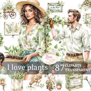 J'aime les plantes 87 Digital Clipart Set, jardin botanique PNG, Illustrations florales, graphiques Plant Lady, dos transparent, stickers planificateur