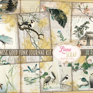 Kit digital de diario basura de oro japonés imprimible, hojas de collage digitales japonesas, diario basura asiático, papel de diario basura