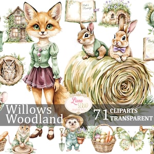 Willows Woodland 71 Set di Clipart ad Acquerello - Illustrazioni di Animali Carini, Arte Digitale, Clipart PNG per Planner e Artigianato, Bosco, Foresta