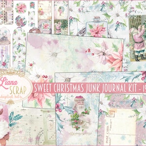 Sweet Christmas Junk Journal Kit, Pink Christmas Collage Printables, Digital Christmas Kit, Junk Journal Paper