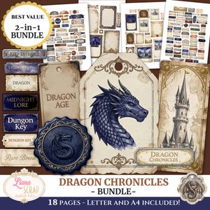 Può includere: Un pacchetto di scrapbook digitale a tema drago. Include tag, etichette e un'illustrazione di drago blu. Il testo recita "Dragon Chronicles - Bundle" e "18 Pages - Letter and A4 Included!"