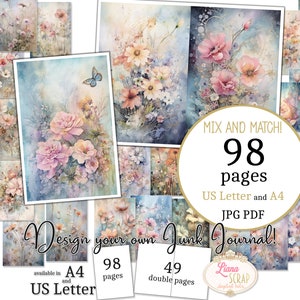 Junk Journal - Dreamy Botanicals - Tamaño carta y A4 de EE. UU., páginas para mezclar y combinar, papel digital de flores pastel suaves en PDF y JPG imprimibles