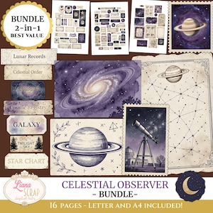 Celestial Observer Junk Journal Bundle 2-in1, Printable Astronomy Tags Labels Ephemera, Moon Stars