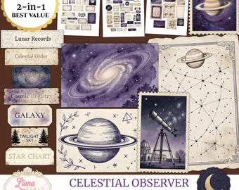Celestial Guardian Junk Journal Bundle 2-in1, druckbare Astronomie Tags Etiketten Ephemera, Mond Sterne
