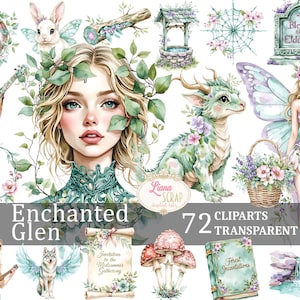 Ensemble de 72 cliparts Glen enchanté - aquarelle conte de fées PNG, autocollants numériques, éléments de l'agenda, animaux de la forêt, art fantastique