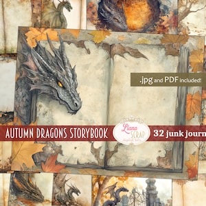 Autumn Dragons Storybook Journaling Kit, Fantasy Collage Printable, Fantasy Kit, 32 Dragon Junk Journal Paper Backgrounds