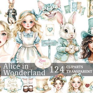 Pays des merveilles 124 Digital Clipart Set PNG, Tea Party, personnages, illustrations vintage, autocollants pour agenda, lapin blanc, tous fous ici