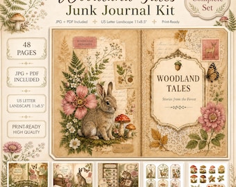 Kit de diario creativo imprimible "Cuentos del Bosque", 48 páginas de arte vintage del bosque.
