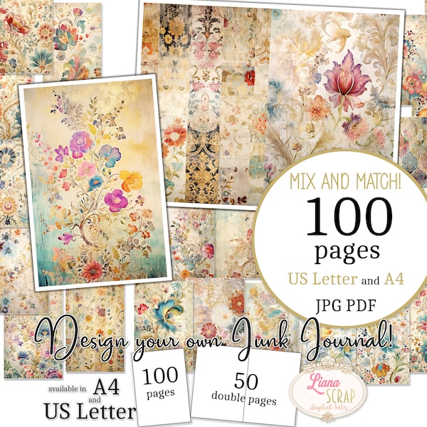 Junk Journal - Exquisite Fabrics - US Letter and A4 size, Mix and Match Pages, Bohemian Floral Patterns Digital Paper in PDF and JPG