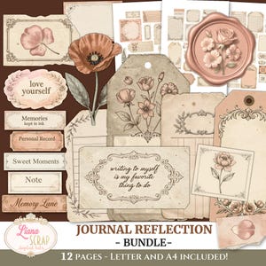 May include: A digital scrapbook bundle with a vintage aesthetic. The image features various paper elements, including tags, labels, and decorative frames, adorned with floral illustrations and the text "writing to myself is my favorite thing to do". The color palette includes soft pinks, browns, and creams.