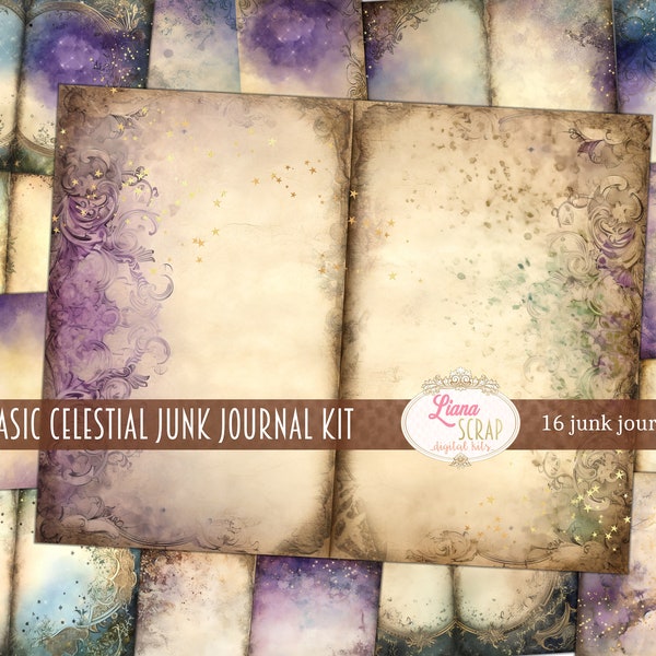 Basic Celestial Digital Paper for Junk Journals, Old Paper Celestial Themed Digital Kit Printable, Galaxy Junk Journal Journaling Paper