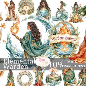 Elemental Warden 109 Clipart Immagini PNG trasparenti Arte digitale Illustrazioni ad acquerello Personaggi fantasy Fuoco Acqua Terra Aria Planner