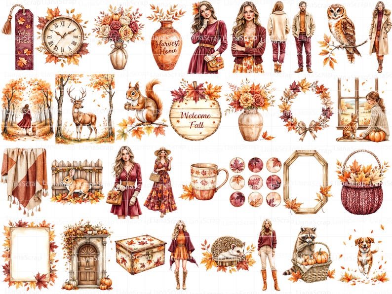 Watercolor Autumn Clipart Set – Cozy Fall PNG Graphics (104 Images) - Etsy