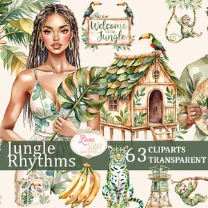Jungle Rhythms 63 Set di clipart ad acquerello, PNG tropicali, arte digitale, adesivi per planner, animali della giungla, illustrazioni di moda