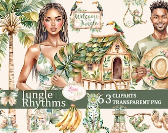 Watercolor Jungle Animals Clipart Set, Tropical Illustration (PNG)