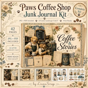 Puede incluir: Un kit de junk journal Paws Coffee Shop con 42 páginas en formatos JPG y PDF para papel tamaño carta estadounidense horizontal de 27,9x21,6 cm. El diseño incluye ilustraciones vintage de perros baristas, menús de café y efímera.