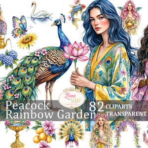Paon arc-en-ciel jardin 82 Images Clipart PNG transparents paons floraux femmes papier numérique planificateur autocollants Scrapbooking éléments de conception