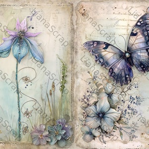 May include: Two vintage-style pages featuring a blue butterfly and a blue flower with purple accents. The pages have a distressed background with handwritten text.