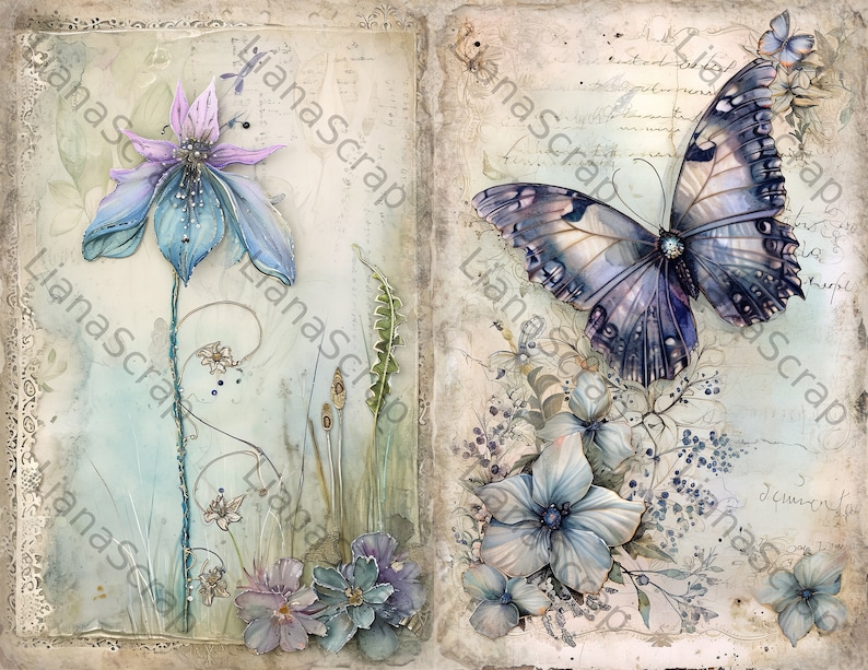 May include: Two vintage-style pages featuring a blue butterfly and a blue flower with purple accents. The pages have a distressed background with handwritten text.